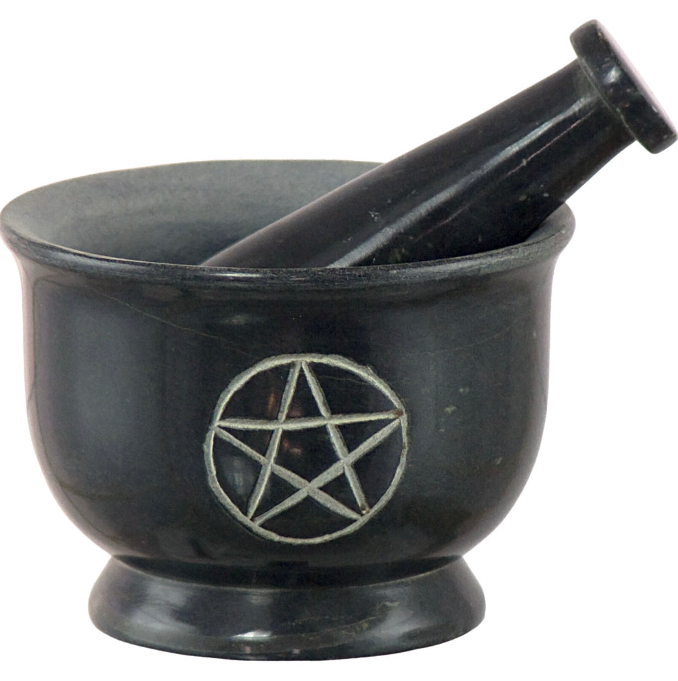 Black Soap Stone Motar & pestle with Pentagram.