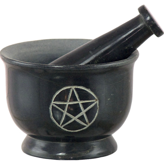 Black Soap Stone Motar & pestle with Pentagram.